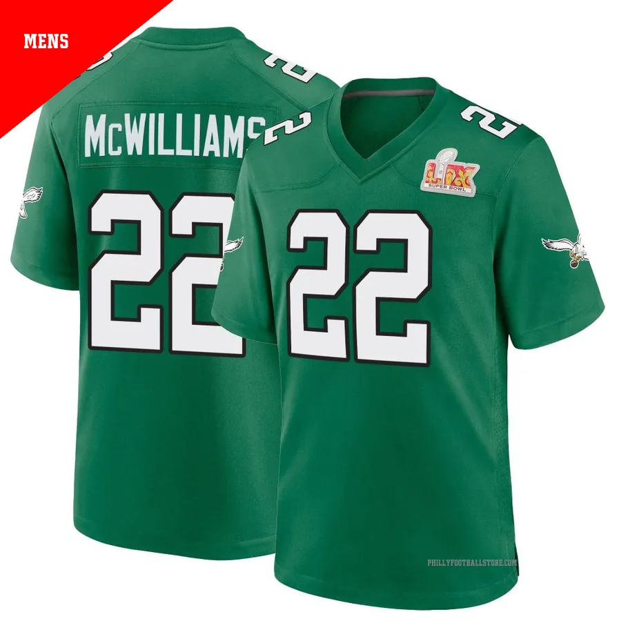 Men's Philadelphia Eagles Mac McWilliams ＃22 Game Green Kelly Alternate Super Bowl LIX Jersey