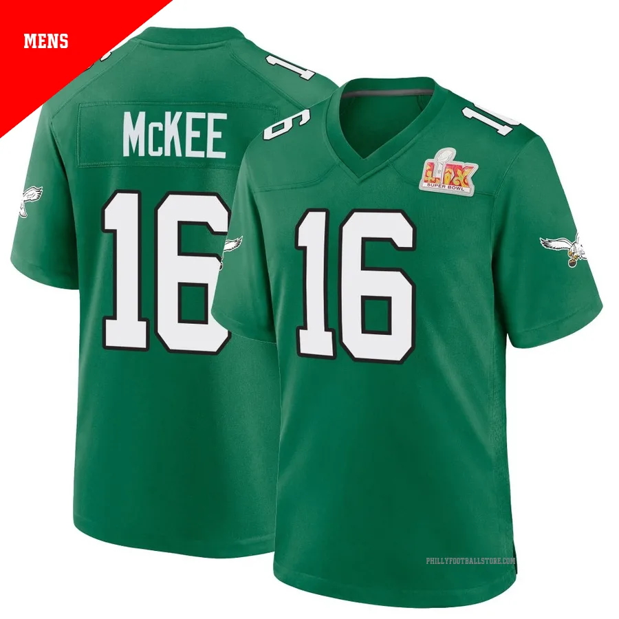 Men's Philadelphia Eagles Tanner McKee ＃16 Game Green Kelly Alternate Super Bowl LIX Jersey