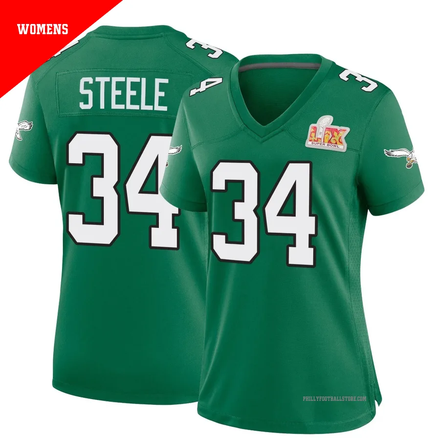Women's Philadelphia Eagles Carson Steele ＃34 Game Green Kelly Alternate Super Bowl LIX Jersey