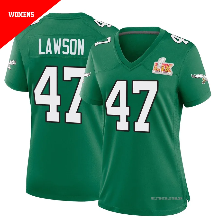 Women's Philadelphia Eagles Deontae Lawson ＃47 Game Green Kelly Alternate Super Bowl LIX Jersey