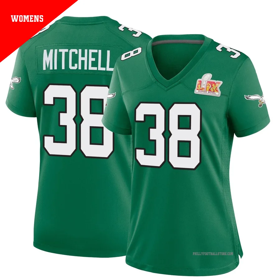 Women's Philadelphia Eagles Elijah Mitchell ＃38 Game Green Kelly Alternate Super Bowl LIX Jersey