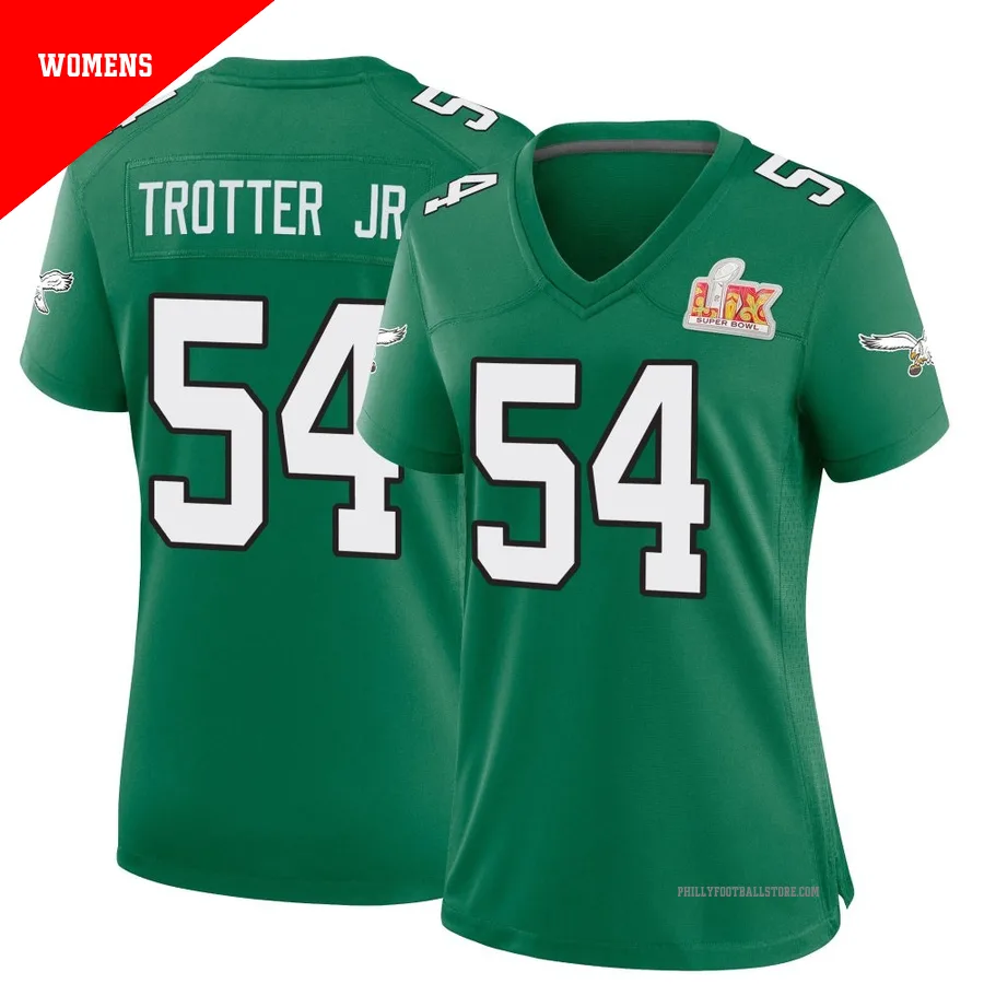 Women's Philadelphia Eagles Jeremiah Trotter Jr. ＃54 Game Green Kelly Alternate Super Bowl LIX Jersey