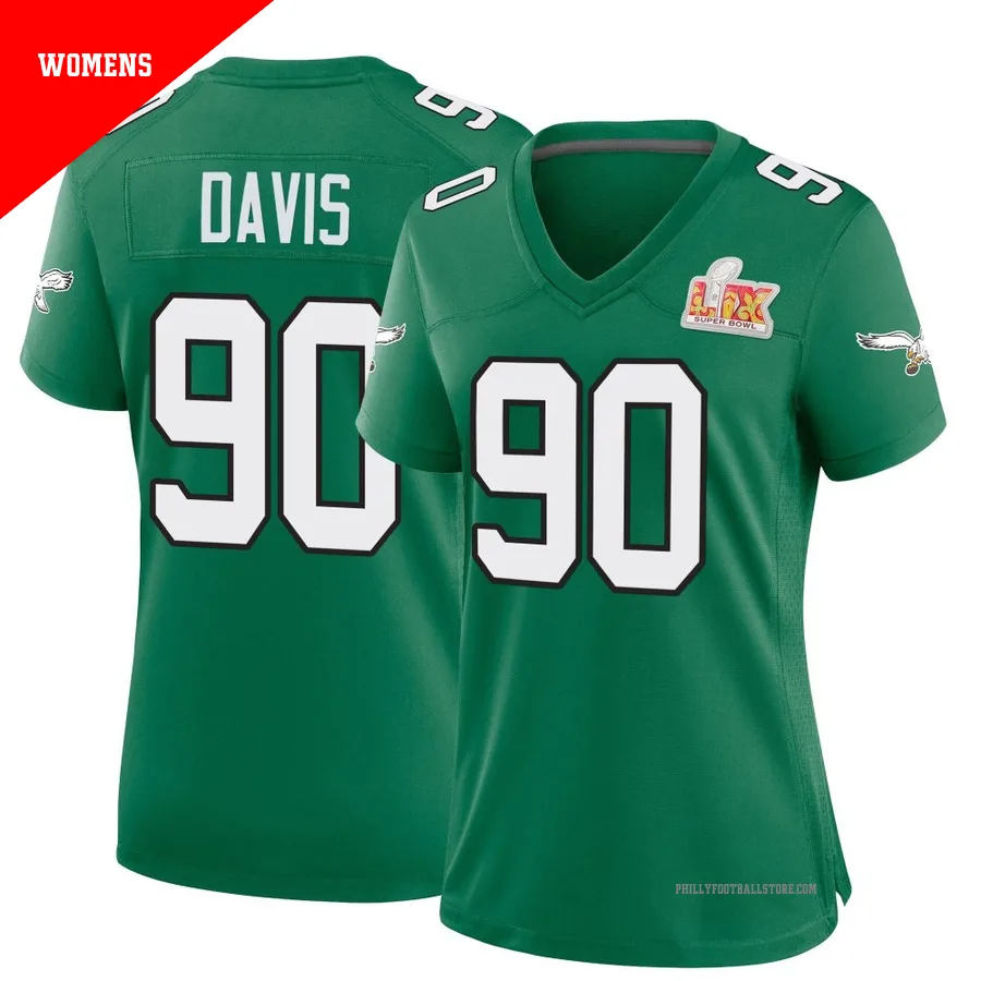 Women's Philadelphia Eagles Jordan Davis ＃90 Game Green Kelly Alternate Super Bowl LIX Jersey
