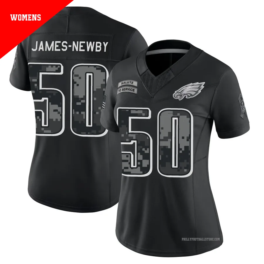 Women's Philadelphia Eagles Keyshawn James-Newby ＃50 Limited Black 2026 Salute to Service Stitched Jersey