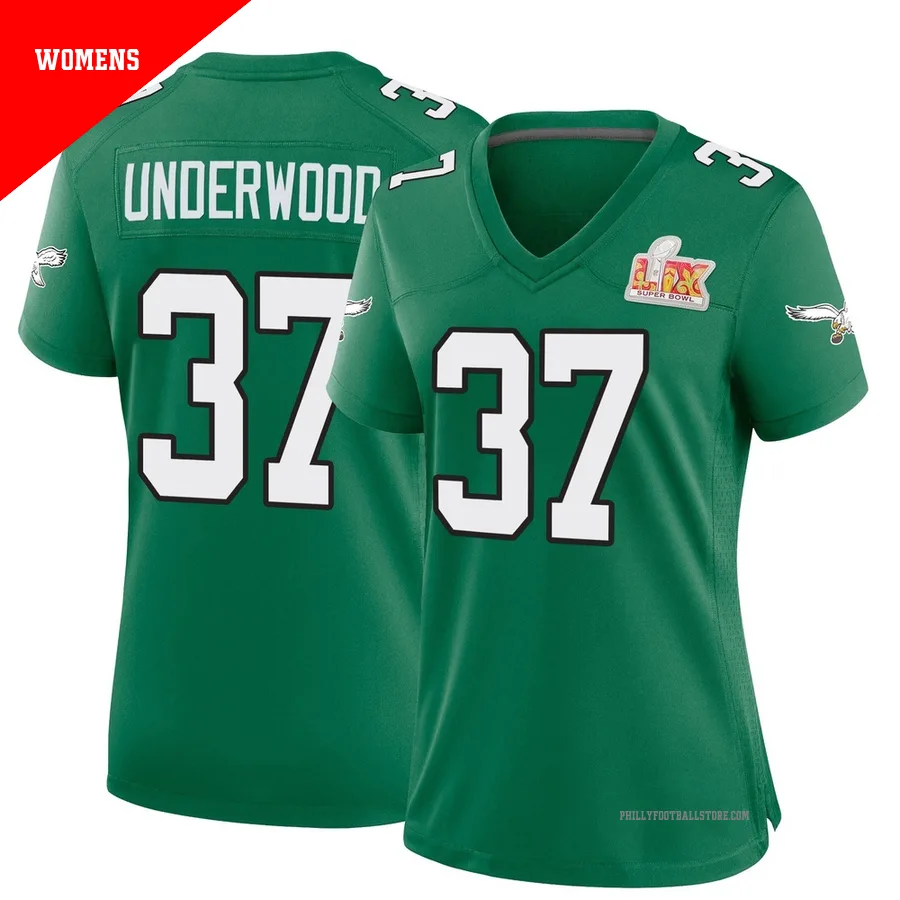 Women's Philadelphia Eagles Rocco Underwood ＃37 Game Green Kelly Alternate Super Bowl LIX Jersey
