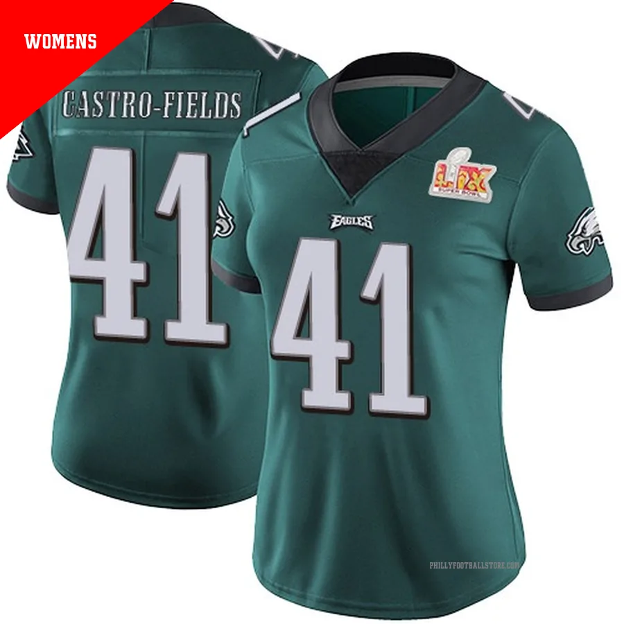 Women's Philadelphia Eagles Tariq Castro-Fields ＃41 Limited Green Midnight Team Color Vapor Untouchable Super Bowl LIX Jersey