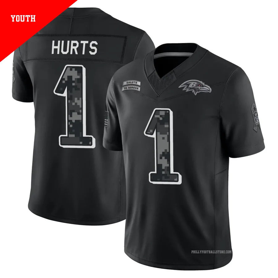 Youth Philadelphia Eagles Jalen Hurts ＃1 Limited Black 2026 Salute to Service Stitched Jersey