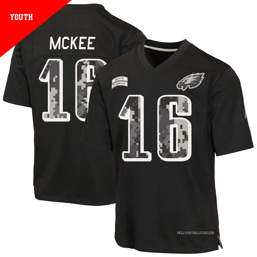 Youth Philadelphia Eagles Tanner McKee ＃16 Game Black 2026 Salute to Service Jersey
