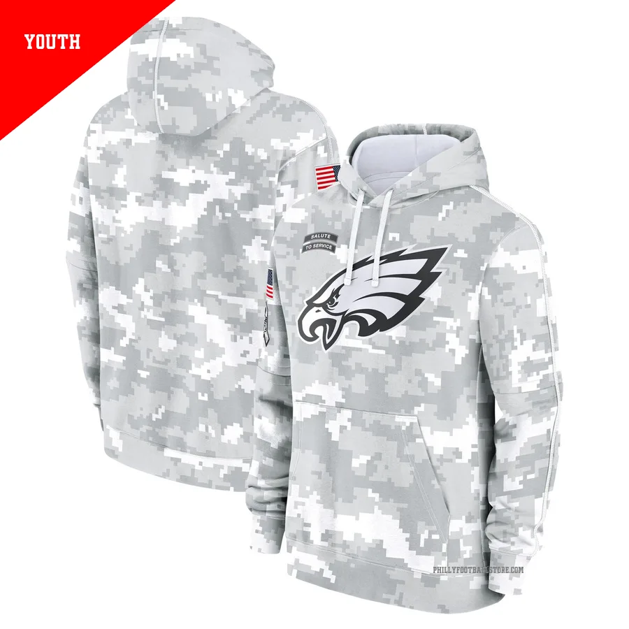 Youth Philadelphia Eagles White/Gray 2024 Salute To Service Pullover Hoodie